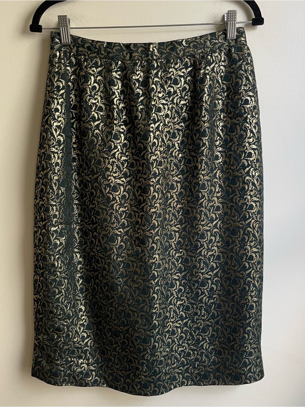 Vintage 80s Liz Claiborne Brocade Skirt Green Gold Pencil Floral Holiday  12 28"